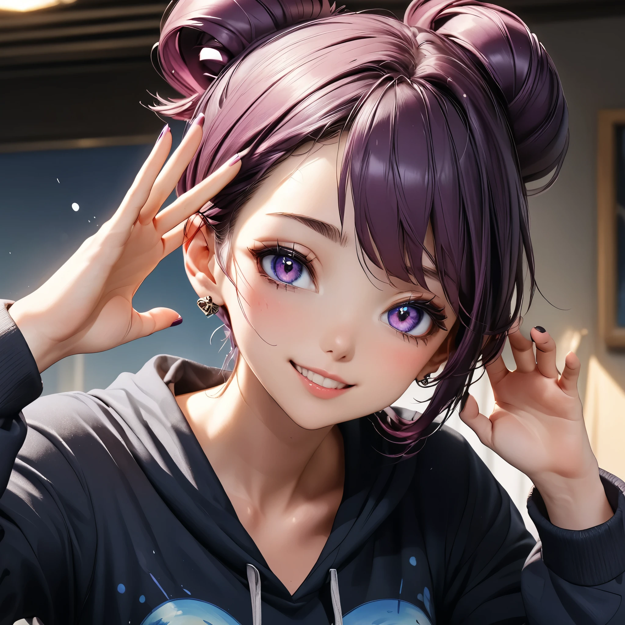 Masterpiece, 4K, HDR, full HD, (best quality), (ultra detailed), (only), intricate ANIME TYPE, best quality, 1girl, ((deep purple hair)) , hyper beautiful face, purple hair, perfect anatomy, shiny skin, full body, alone, long hair, looking at viewer, perfect hands, perfect legs, super detailed clothes, intricate clothes, hyper detailed cloths, super detailed face, super detailed skin, super detailed quality, expressive eyes, blue eyes, super detailed eyes, JK, epngekatsuragimisato ,  SDXL Illustration Design Beautiful Girl 2D Beautiful Girl Digital Painting Comic Ukiyo-e Watercolor Manga Other,ROUGH, smile, blushing, dynamic pose, American shot, cowboy shot, portrait quality, super detailed hands, super detailed fingers, very beautiful fingers, very beautiful hands, The image created is 3/4 of the body, HoodieGirl, best quality, masterpiece, 1girl, purple hair, pale skin, hair bun