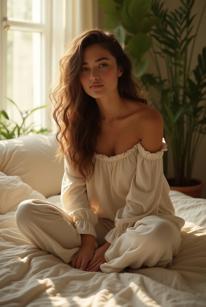 (photorealism:1.2), beautiful woman, sitting on bed, wearing loose off-shoulder top, pajama pants, long curly hair, indoors, soft lighting, plants in background, window with sunlight, cozy room, relaxed pose, realistic, intricate details, warm colors, by Greg Rutkowski, by Alphonse Mucha