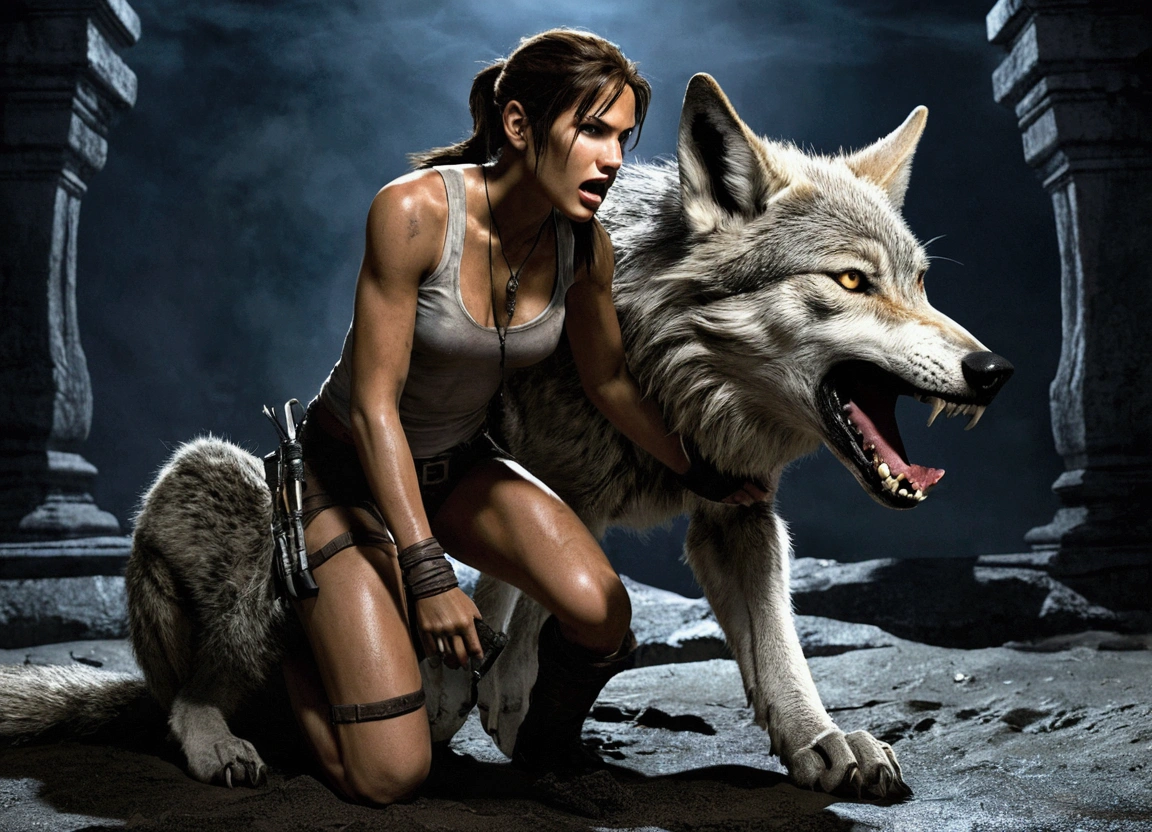 Claire Redfield who is wearing a sexy and seductive bikini is bathed in sweat straddling dozens of black dogs and her neck is chained using a BDSM dog chain on a farm and she looks very horny while surrounded by many black dogs at night.
