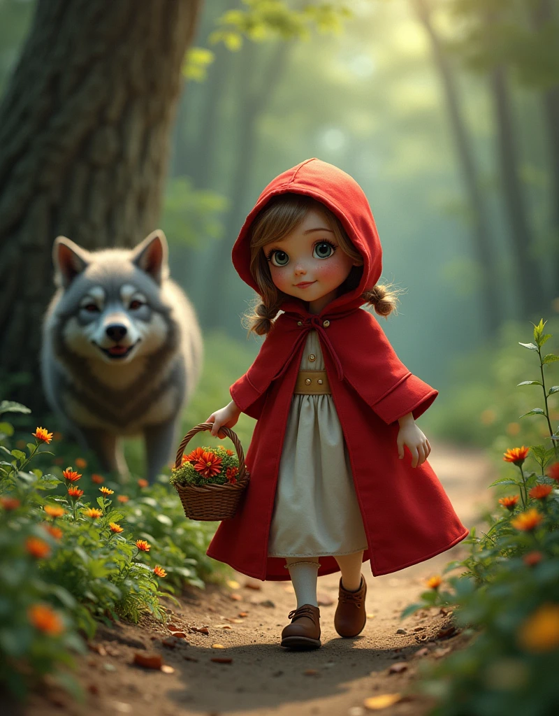 little Red Riding Hood,Cute girl cape,Small freckles on the face,Smile,Carry basket,Walking in the forest path,(A gray wolf follows beside him)