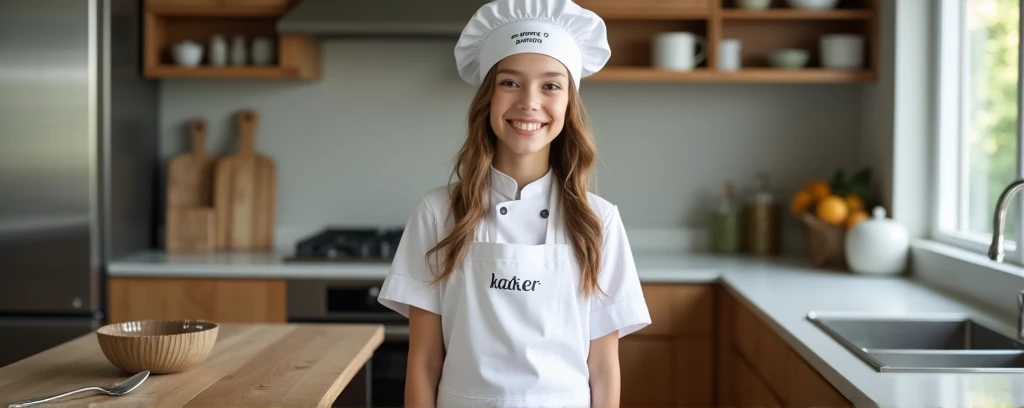 14 year old white boy with curly light brown hair in a kitchen wearing a white apron 