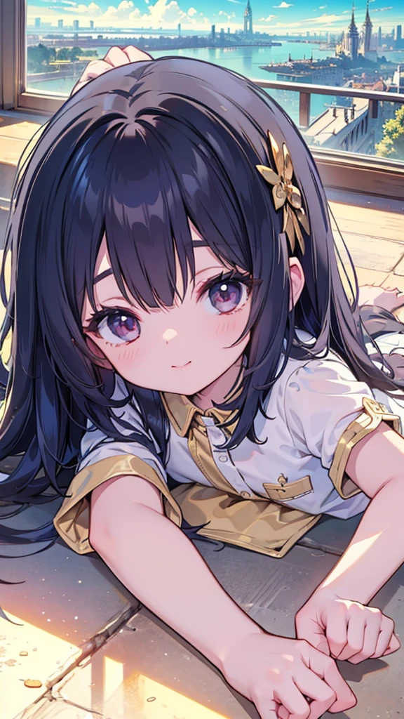 absurd, absolute resolution, incredibly absurd, super high quality, super detailed, official art, unity 8k wall, masterpiece
BREAK
One , innocent, small and young toddler, cute tiny baby body size , cute smile ,  (Super detailed),  ((laying down under a beautiful golden city:1.3)),(1 person、:1.4)、cute face, (((shirt lift half show pusy)) ,long hair,