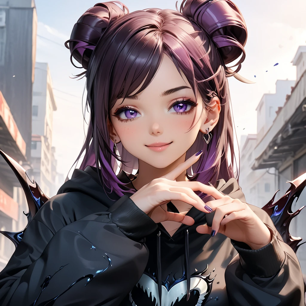 Masterpiece, 4K, HDR, full HD, (best quality), (ultra detailed), (only), intricate ANIME TYPE, best quality, 1girl, ((deep purple hair)) , hyper beautiful face, purple hair, perfect anatomy, shiny skin, full body, alone, long hair, looking at viewer, perfect hands, perfect legs, super detailed clothes, intricate clothes, hyper detailed cloths, super detailed face, super detailed skin, super detailed quality, expressive eyes, blue eyes, super detailed eyes, JK, epngekatsuragimisato ,  SDXL Illustration Design Beautiful Girl 2D Beautiful Girl Digital Painting Comic Ukiyo-e Watercolor Manga Other,ROUGH, smile, blushing, dynamic pose, American shot, cowboy shot, portrait quality, super detailed hands, super detailed fingers, very beautiful fingers, very beautiful hands, The image created is 3/4 of the body, HoodieGirl, best quality, masterpiece, 1girl, purple hair, pale skin, hair bun, eyes lined with black color, emo type eyes, symbiote, symbiote hoodie, symbiote teeth, liquid clothes, 