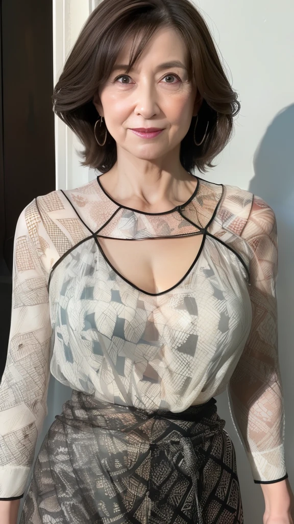 gravure, from the chest up, portlate, masutepiece, Best Quality, Ultra-detailed, Photorealistic, super detailed skin, Perfect Anatomy, (1 japanese mature woman), (Solo), 85 years old, Ideal ratio body proportions, Large breasts, Mature Woman Politician, Chromo-white skin, Fancy makeup, Looking at Viewer