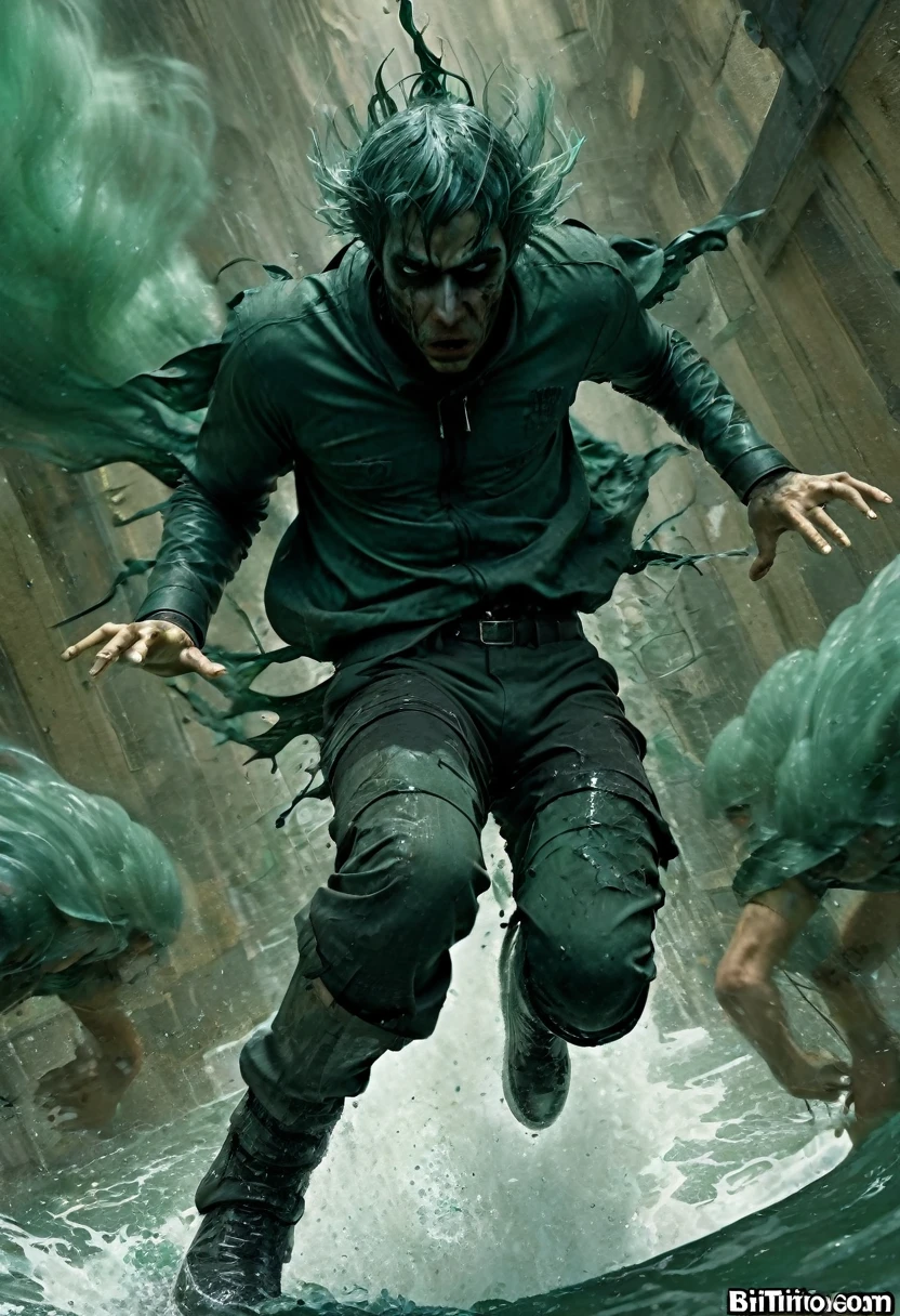 a sea of people fighting in the streets of some city inside the matrix, matrix filter, matrix lighting, green matrix atmosphere, (((riots))), thousands of people fighting, violence, (((civil war))), (((night)))