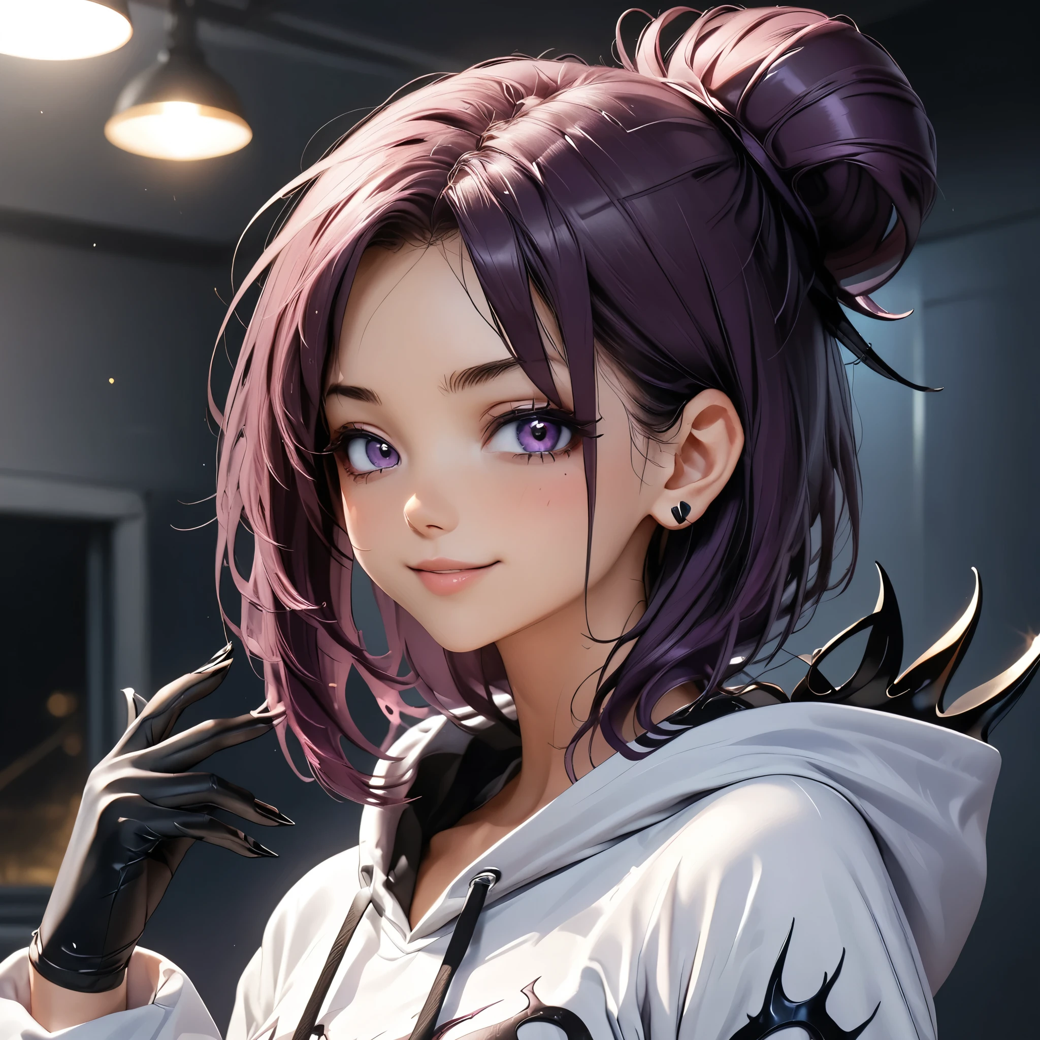 Masterpiece, 4K, HDR, full HD, (best quality), (ultra detailed), (only), intricate ANIME TYPE, best quality, 1girl, ((deep purple hair)) , hyper beautiful face, purple hair, perfect anatomy, shiny skin, full body, alone, long hair, looking at viewer, perfect hands, perfect legs, super detailed clothes, intricate clothes, hyper detailed cloths, super detailed face, super detailed skin, super detailed quality, expressive eyes, blue eyes, super detailed eyes, JK, epngekatsuragimisato ,  SDXL Illustration Design Beautiful Girl 2D Beautiful Girl Digital Painting Comic Ukiyo-e Watercolor Manga Other,ROUGH, smile, blushing, dynamic pose, American shot, cowboy shot, portrait quality, super detailed hands, super detailed fingers, very beautiful fingers, very beautiful hands, The image created is 3/4 of the body, HoodieGirl, best quality, masterpiece, 1girl, purple hair, pale skin, hair bun, eyes lined with black color, emo type eyes, symbiote, symbiote hoodie, symbiote teeth, liquid clothes, 