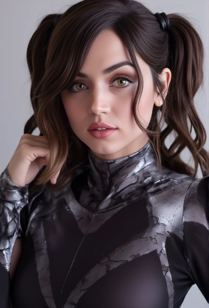 masterpiece, photorealistic, 1 girl, (gwR face), (fluxspgw3n spider woman suit), absurdly beautiful, woman, young, perfect face, makeup, detailed hair, perfect face, perfect lips, perfect eyelashes, looking at the viewer, perfect tits, sexy, tits in the image, brunette, ana de armas,