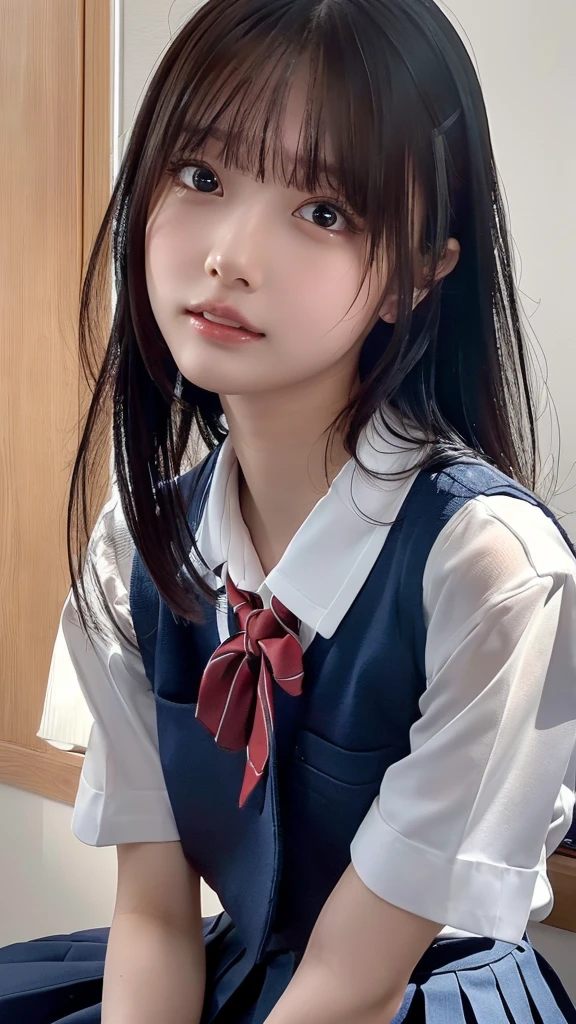 ((masterpiece, Best Quality,  high resolution on down,  Ultra High Definition)),  Japanese High School Girls、(Realistic:1.4)、excited、Great face、Pointed Mouth、 close your mouth、 wet lips、Age 15,  ponytail,(Beautiful Hair:1.4),  high school uniform 、(Navy blue vest, red tie , white dress shirt,Short sleeve, very short mini pleated skirt)、Sit on the bed in the room、Stare,  angle from the front to reach the wall,  Textured Skin,  high definition CG synthesis 8K wallpaper,  high resolution on downのRAWカラー写真,  professional photo shoot, Light, BackLight, Impressive,  Written Boundary Depth, (Lips close up:1.5)