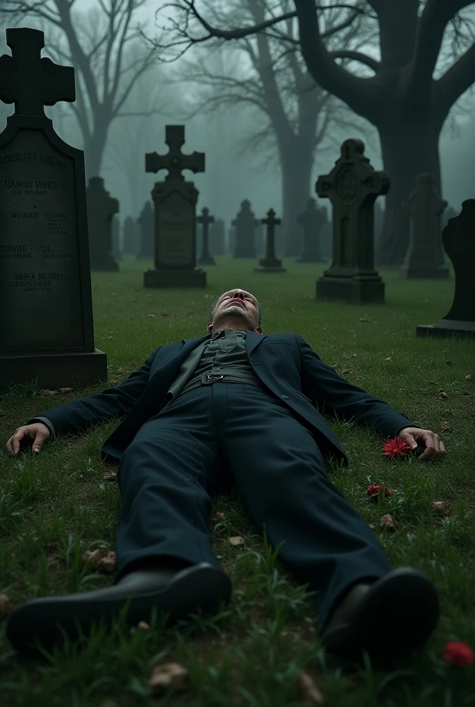 Highest quality, movie quality, scene on the verge of death, ruins, smoking, blood, coat, Gard (35 years old, tsuntsun head, black hair, coat in a suit, holding a gun in hand, lying on back), rain, fog
