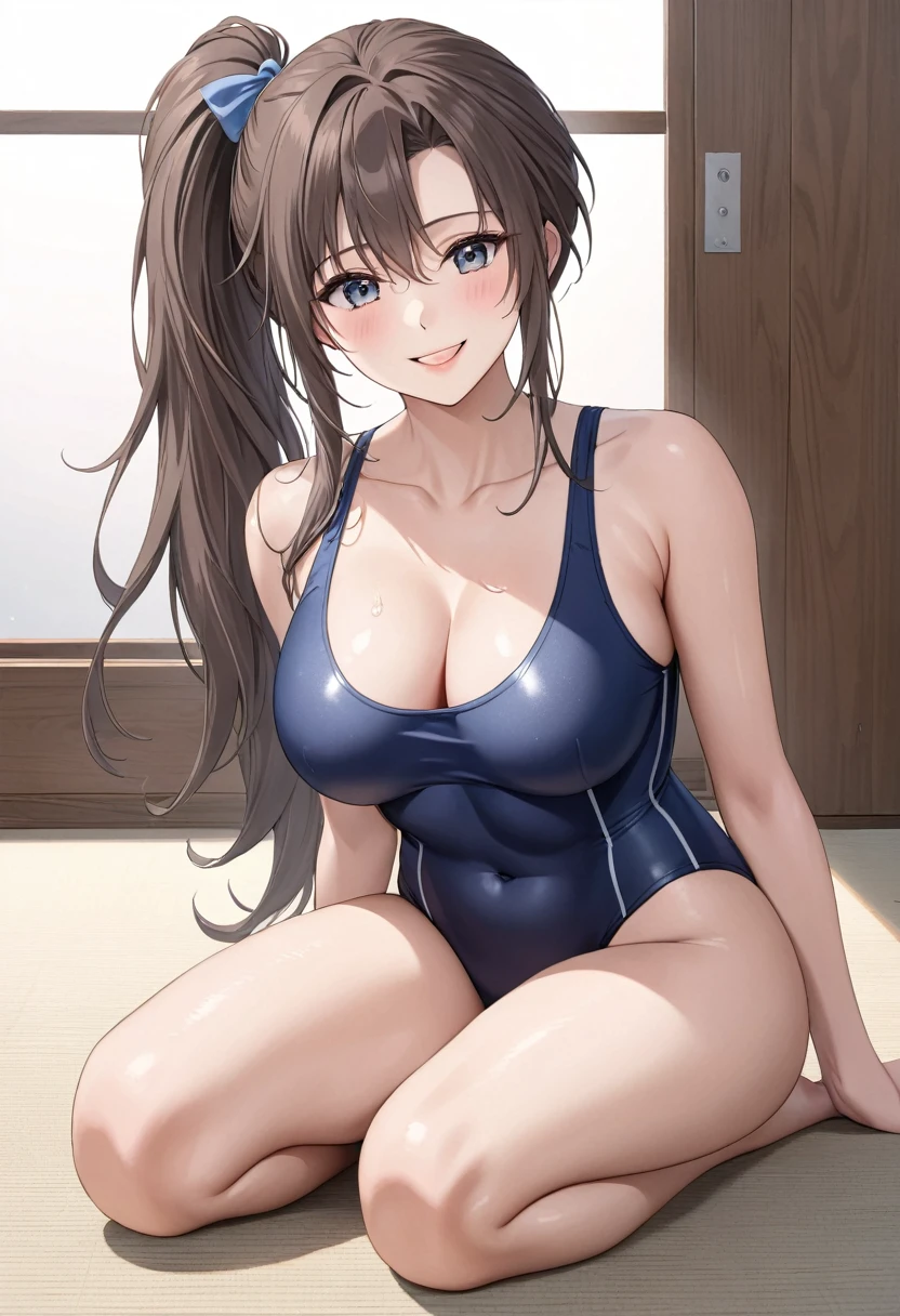 ((Wear a school swimsuit)),  ponytail,  Japanese Girls, 8k, (( Full Body Shot )),  huge chest、Best Quality, masterpiece,  realistic,  photorealistic super detail,  one girl playing pranks, cute,  best smile ,  beautiful eyes, Long Hair,  Perfect Face , Full Body Shot 、 legs spread