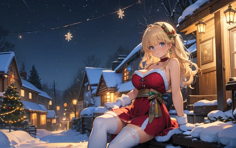 top-quality、Top image quality、masterpiece、teens girl((metallic red santa costume、santa style short skirt、santa style tank top、sixteen years old、 Ager、Best Bust、big bast,Beautiful wide open light blue eyerest, a blond、A slender,Large valleys、dye one's cheeks red、Leaning forward、White breath、Reflecting the whole body、Laugh、all-fours、reaching out her hands)),hiquality、Beautiful Art、Background with(( crystalline、crystal city at night、snowflakes falling、Heavy snow falls、snowman、 tower model、A world where snow piles up)))、masutepiece、depth of fields,