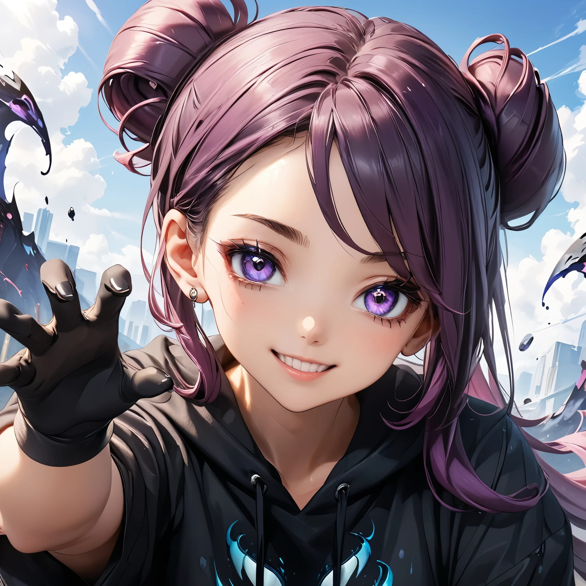 Masterpiece, 4K, HDR, full HD, (best quality), (ultra detailed), (only), intricate ANIME TYPE, best quality, 1girl, ((deep purple hair)) , hyper beautiful face, purple hair, perfect anatomy, shiny skin, full body, alone, long hair, looking at viewer, perfect hands, perfect legs, super detailed clothes, intricate clothes, hyper detailed cloths, super detailed face, super detailed skin, super detailed quality, expressive eyes, blue eyes, super detailed eyes, JK, epngekatsuragimisato ,  SDXL Illustration Design Beautiful Girl 2D Beautiful Girl Digital Painting Comic Ukiyo-e Watercolor Manga Other,ROUGH, smile, blushing, dynamic pose, American shot, cowboy shot, portrait quality, super detailed hands, super detailed fingers, very beautiful fingers, very beautiful hands, The image created is 3/4 of the body, HoodieGirl, best quality, masterpiece, 1girl, purple hair, pale skin, hair bun, eyes lined with black color, emo type eyes, symbiote, symbiote hoodie, symbiote teeth, liquid clothes, 