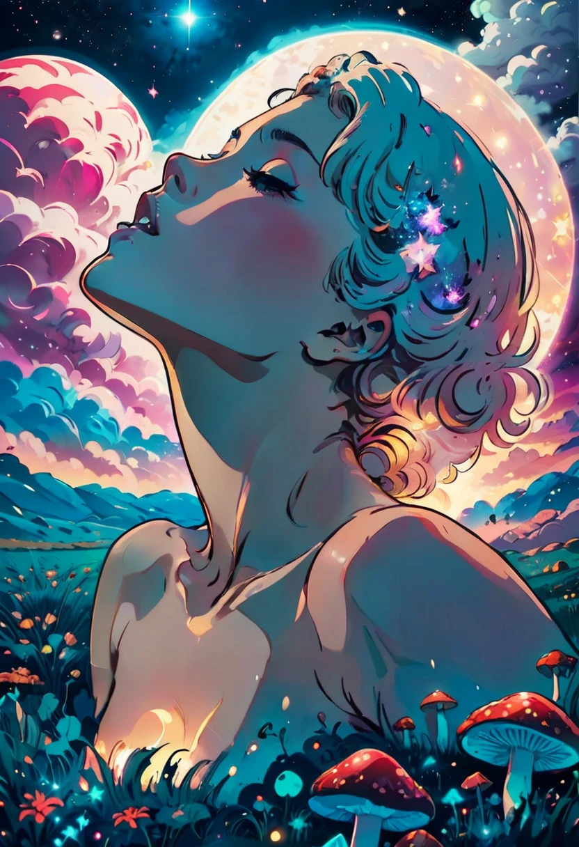 A design for a sticker in a vaporwave style, solo, beautiful nude woman laying in a field of mushrooms with smoke trailing of into a surreal night sky, magical twinkling stars, glowing, simple background, full body, view from above, dynamic angle, dynamic lighting 
