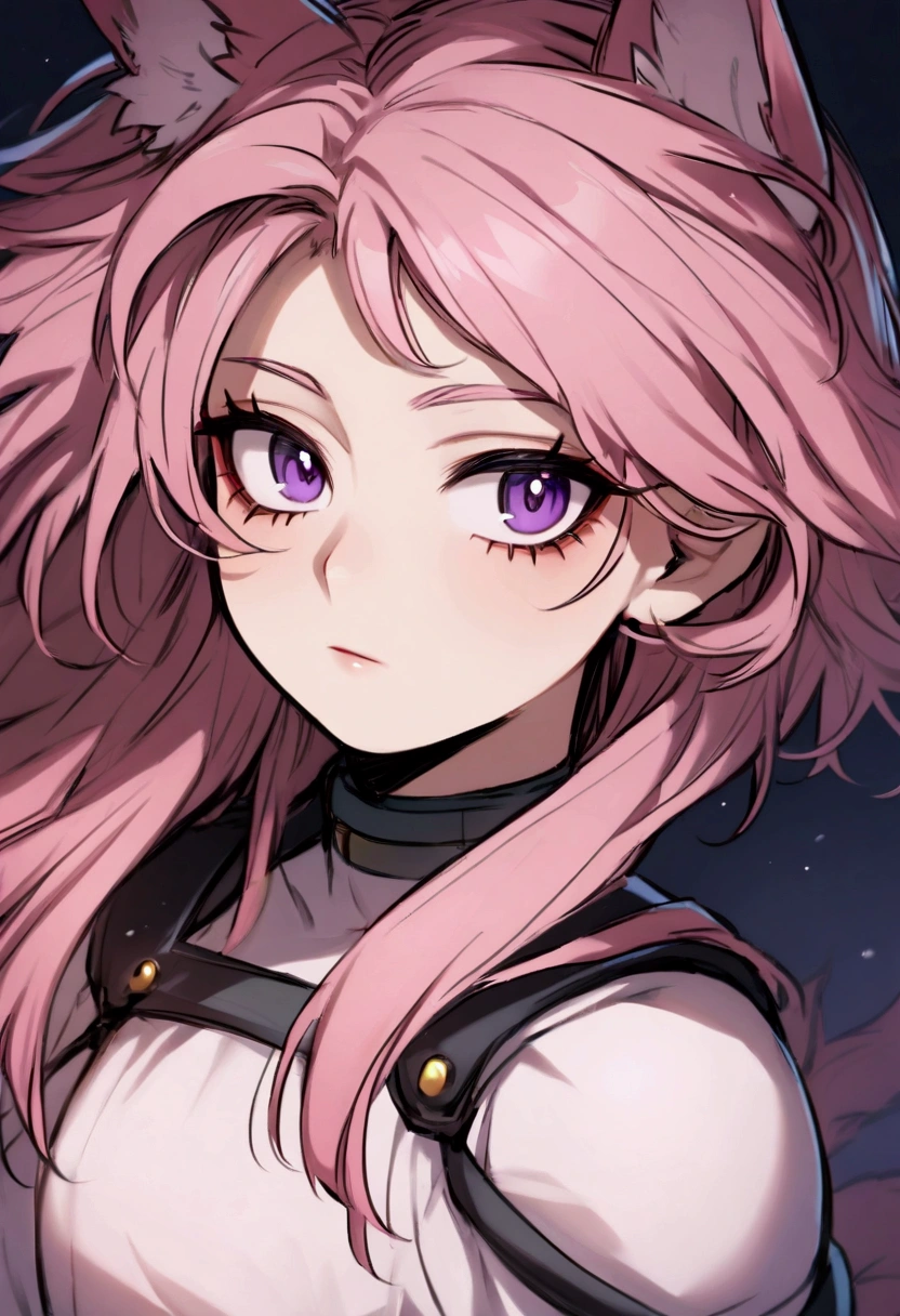 a girl holding her sword in a battlefield, pink hair, purple eyes