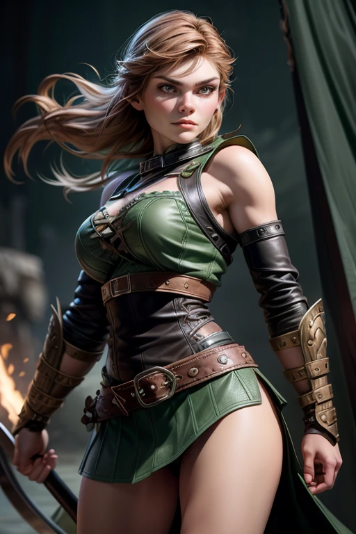 Young Viking woman of Norse descent, warrior, short brown hair, thick eyebrows,  green eyes, leather armor,  strappy leather top , fur skirt, fierce expression, heroic stance,  looking at the camera ,  masterpiece , super detail,  lyrics,  Natural lighting,  sharp focus, Epic character composition.