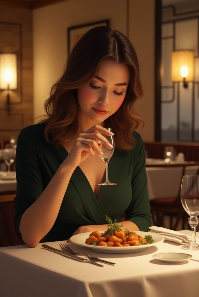 Western-style restaurant, A 20-year-old girl sits at a dining table, There are wine glasses on the table with red wine,Western plate,lamplight