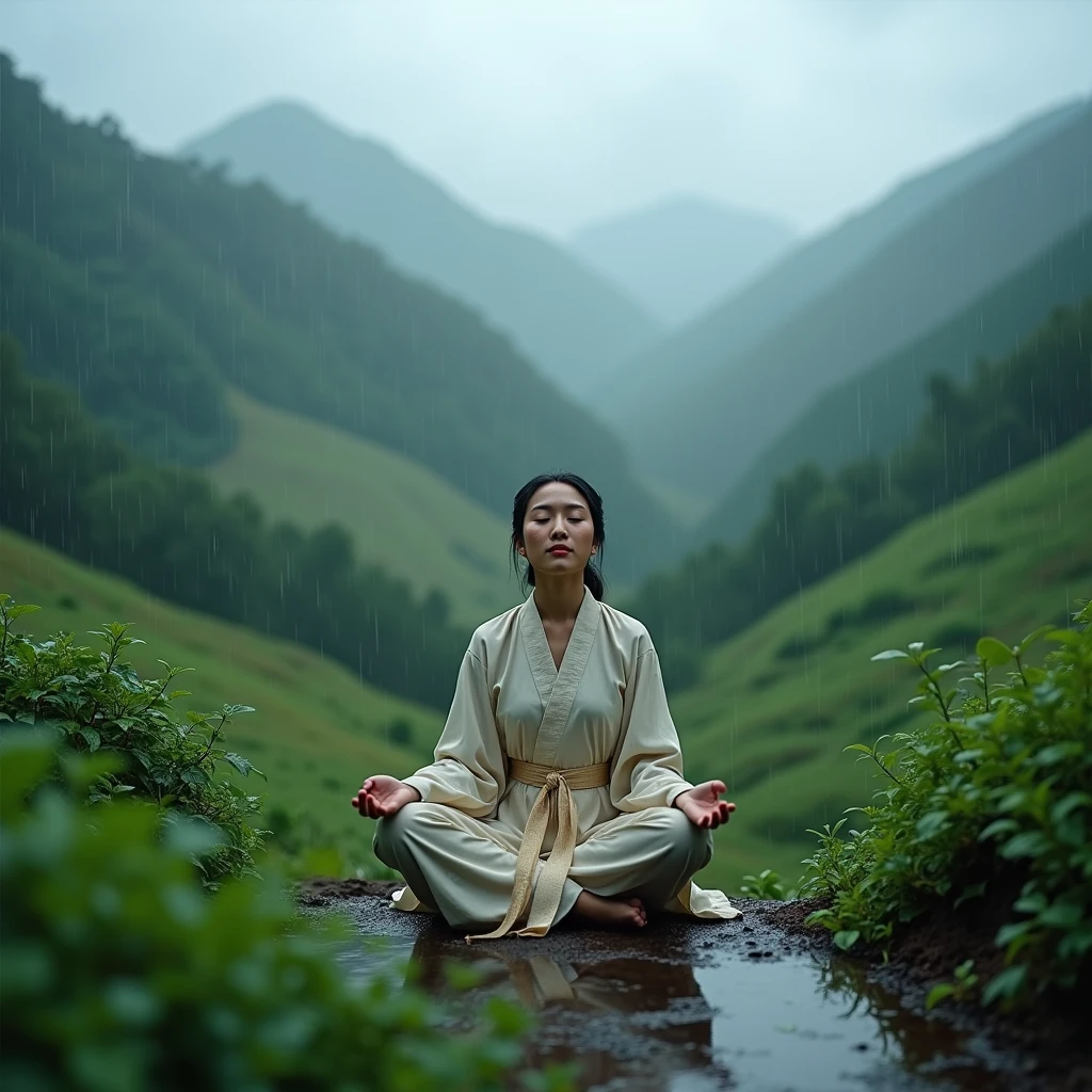 seen from behind, a young female monk with a (transparent silhouette:1.3), meditating on a mossy tree in a forest, white soft flowing clothes, casting a dreamlike ambiance, fantastic play of light and shadow, set against the tranquil backdrop of a serene forest, bokeh, shallow depth of field