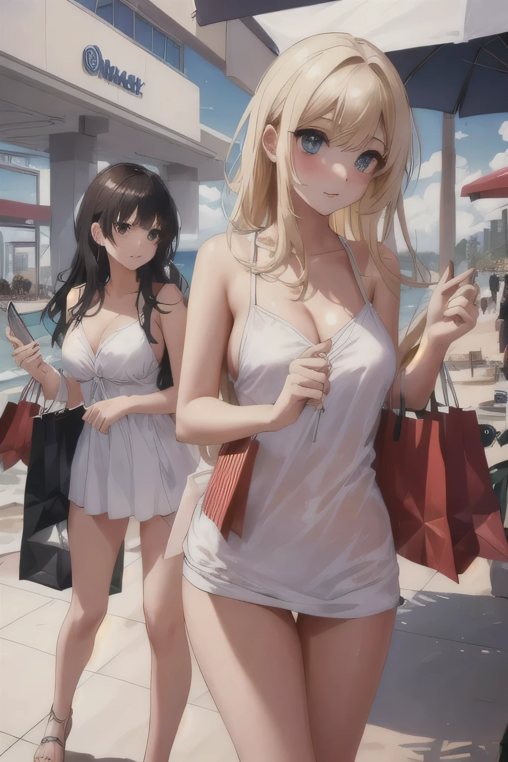 (masterpiece, high resolution,ultra - detailed:1.0), Young and beautiful girls, eye looking to camera, Perfect female body, Extremely detailed CG,Unity 8k wallpaper，Complicated details, Depth of field, Best quality, Cinematic lighting, Girls in a village yard, bow on head, (pubic hair), shy small smile,  (FLATCHESTED:1.3)、flat chest, superflat chest, (one embarrassed girl naked: 1.3), one embarrassed girl naked and second girl in a simple dress,  zero breast size, blunt bangs, red-haired girl  and blonde, Shiny hair, beautiful face, White skin, Beautiful cloud, rural girl and city gal, girl try clumsy seduces you, embarrassed smile, full length image of a girl