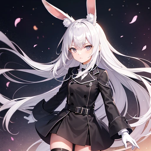 girl,  white rabbit ears ,  long white rabbit hair, silver eyes, serious look," long sleeve white shirt ",  black gloves,  short black skirt , black boots, medias negras.( high quality , 4k),  anime style .