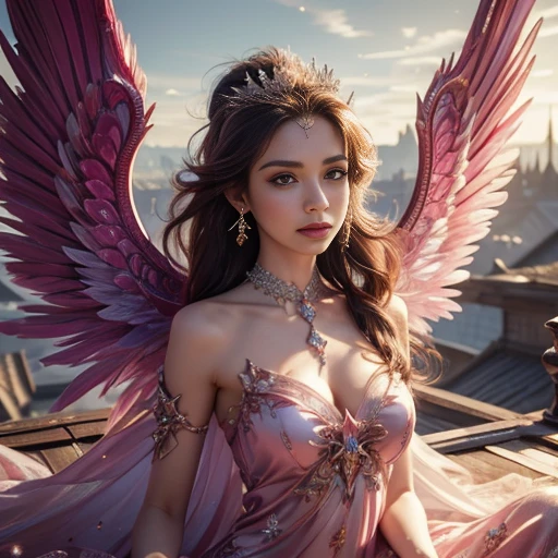 4K, Ultra HD, Masterpiece, 1 girl, good face, detailed eyes, very long hair, ((fantasy dress)), (pink dress), ((regina wings:1.4)), ((navel)), (jwellery), choker, ((bloom)), ((stars)), ((on the roof)), Detailed fantasy art, stunning Character Art, Extremely Detailed, Exquisite Intricate Headdress, perfect body, looking directly at the audience, cinematic pose, ((upper body)), sitting,