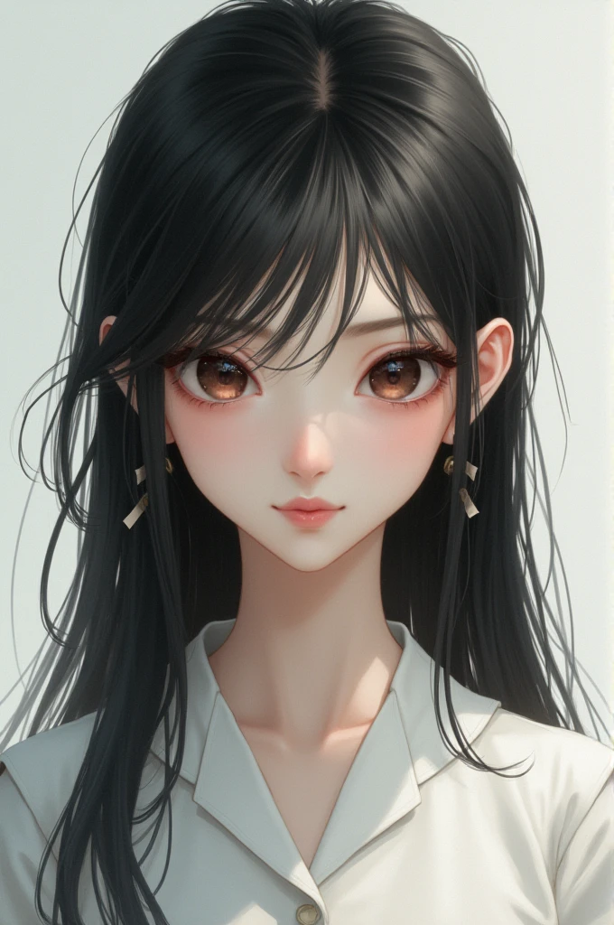 best quality, masterpiece,black hair, brown eyes,white clothes, looking up, upper body,hair strand,Fair skin, layer wolfcut hair