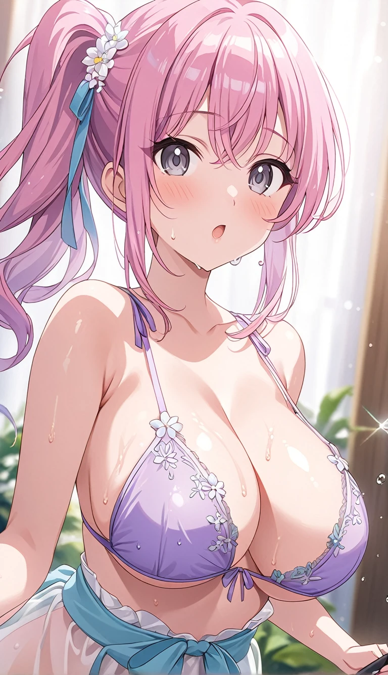 （ virtual anime:1.3）,saliva、Accentuate big breasts、 Open your mouth( masterpiece:1.3),   （a side ponytail hair:1.1）shiny skin, Delicate depiction,The feel of wet skin 、 bust up component  、  delicate embroidery on translucent glitter lingerie 、Sweat droplets、髪の非常にDelicate depiction 、  concentrating on upper body  、  highlight big breasts 、 Delicately embroidered pastel purple bikini 、 very clear lingerie  、Light-colored lingerie 、（  composition that captures the subject from directly below :1.9）、（  dynamic pose holding a ladle :1.5）、(masterpiece, Best Quality),   so beautiful,  absurd, extremely   Details CG unity 8k wallpaper,  Spanish illustration  , (  Details_face:1.2),   one girl playing pranks, Pink hair up to the waist , , (Glamorous expression ), Grey Eyes,  Anime Style 4k ,   ,    Anime Moe Art Style  ,   Anime Art Wallpaper 4K,  High quality anime art style ,     anime style portrait    ,   familiar with digital anime art  ,  anime art wallpaper 8k ,   cute anime girl portrait  ,whole body,    Depth of Field  , Perfect hands, nice See alsos, 5_See also, 4_See also,1_親See also,