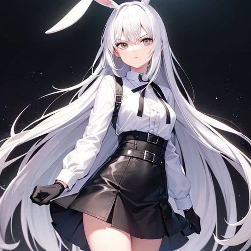 ((girl)),(( white rabbit ears )), (( long white hair)),(silver eyes),(serious look),(( long sleeve white shirt )),(( black gloves)),(( short black skirt )), (black boots),(medias negras).( high quality , 4k),