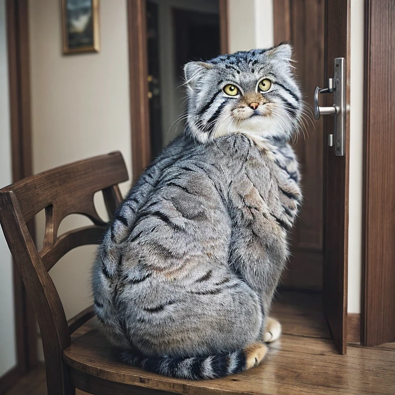 Manul 20,  Ansel Adams Style  , Peeking secretly into a slightly opened door,、 Manul cat that acts like a human when you open the dining room kitchen Manul cat that acts like a human inside when you open the door((Cait Sith))is sitting on a chair reading a magazine 、Wearing an apron、 cosplay costume that looks like maid clothes 、 an open magazine on the table 、 a vase with a single rose flower vase 、Manul cat looking back 、 funny worldview where the domestic cat Manul cat stands and behaves like a human 