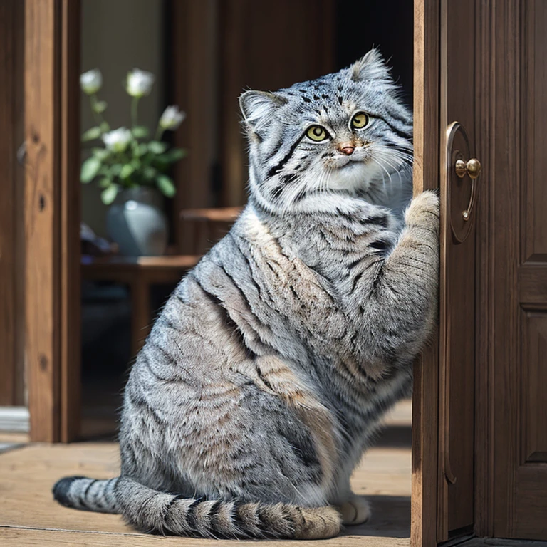 Manul 20,  Ansel Adams Style  , Peeking secretly into a slightly opened door,、 Manul cat that acts like a human when you open the dining room kitchen Manul cat that acts like a human inside when you open the door((Cait Sith))is sitting on a chair reading a magazine 、Wearing an apron、 cosplay costume that looks like maid clothes 、 an open magazine on the table 、 a vase with a single rose flower vase 、Manul cat looking back 、 funny worldview where the domestic cat Manul cat stands and behaves like a human 