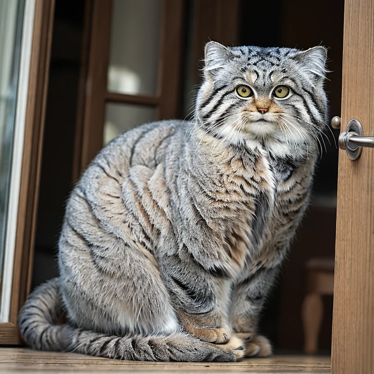 Manul 20,  Ansel Adams Style  , Peeking secretly into a slightly opened door,、 Manul cat that acts like a human when you open the dining room kitchen Manul cat that acts like a human inside when you open the door((Cait Sith))is sitting on a chair reading a magazine 、Wearing an apron、 cosplay costume that looks like maid clothes 、 an open magazine on the table 、 a vase with a single rose flower vase 、Manul cat looking back 、 funny worldview where the domestic cat Manul cat stands and behaves like a human 