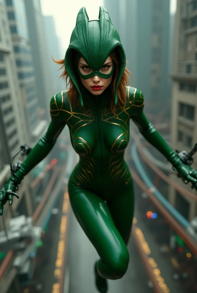 an elf with full leather viper skin (the skin is a viper). Image of a superheroine with a fitness body and very tight snake skin.. ,stuck to his muscles, gran detalle de texturas. peleando contra un billy, El fondo es la ciudad de Gotham, super hero symbol (gold viper head).