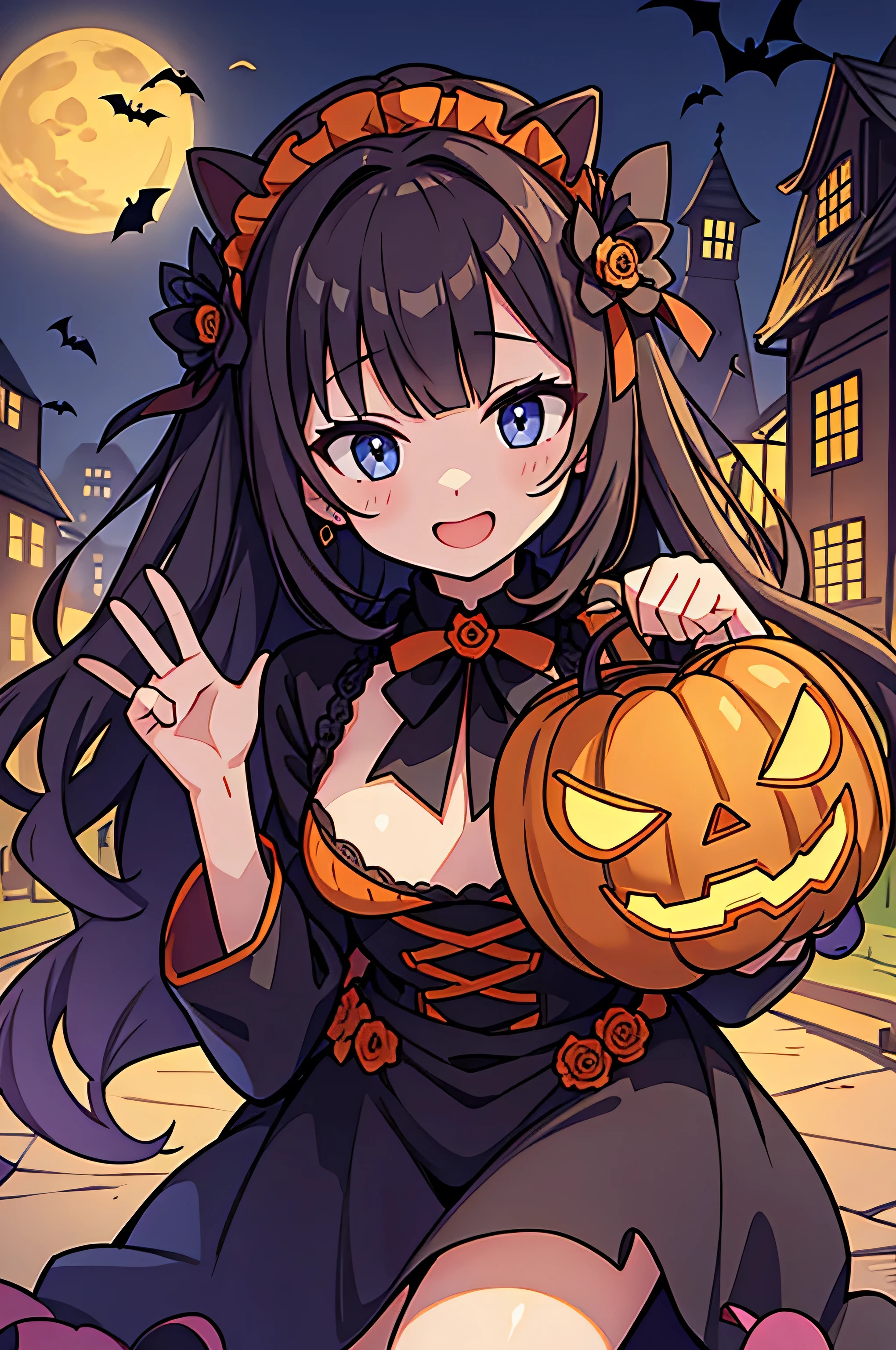 <lora:Tsutsumi_Kinuka:0.8>, TsutsumiKinuka, 1girl, solo, long hair, long hair, bangs, black hair, black eyes, town, outdoor, snow,
halloween, looking at viewer, pumpkin, moon, star (symbol), purple dress, sleeveless dress, cowboy shot, 
masterpiece, high quality, very_high_resolution, large_filesize, full color,