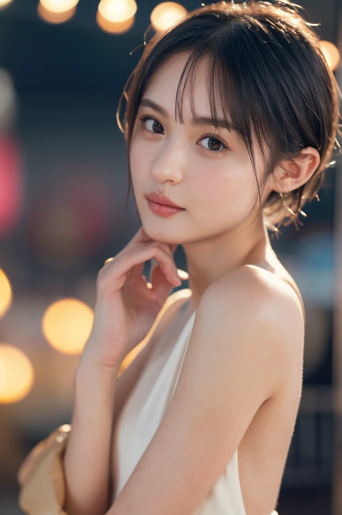 A woman with a cute face like a Japanese idol, 、light makeup、(Cleavage),((Cinema Lighting),(Natural light),(High level of artistry),(artistic),(Indistinguishable quality from the real thing),(RAW Photos),(Genuine),High resolution,masterpiece, beautiful, Hair blowing in the wind、Wet Skin、Wet Hair、Wet clothes、 Handsome Tomboy, Looks like a salon model, Cool face, Neutral facial features, Off-the-shoulder clothing,