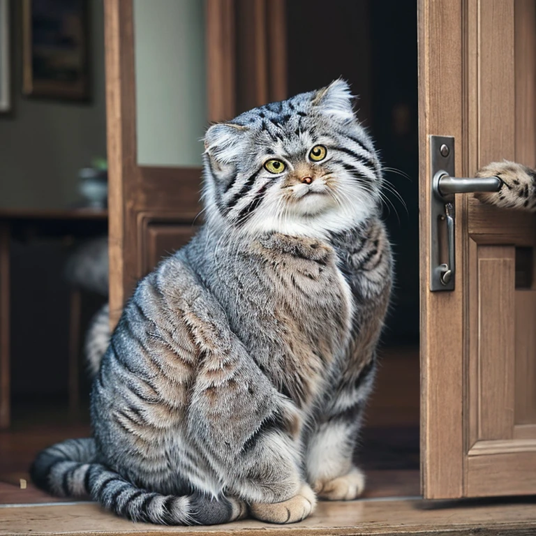 Manul 20,  Ansel Adams Style  , Peeking secretly into a slightly opened door,、 Manul cat that acts like a human when you open the dining room kitchen Manul cat that acts like a human inside when you open the door((Cait Sith))is sitting on a chair reading a magazine 、Wearing an apron、 cosplay costume that looks like maid clothes 、 an open magazine on the table 、 a vase with a single rose flower vase 、Manul cat looking back 、 funny worldview where the domestic cat Manul cat stands and behaves like a human 