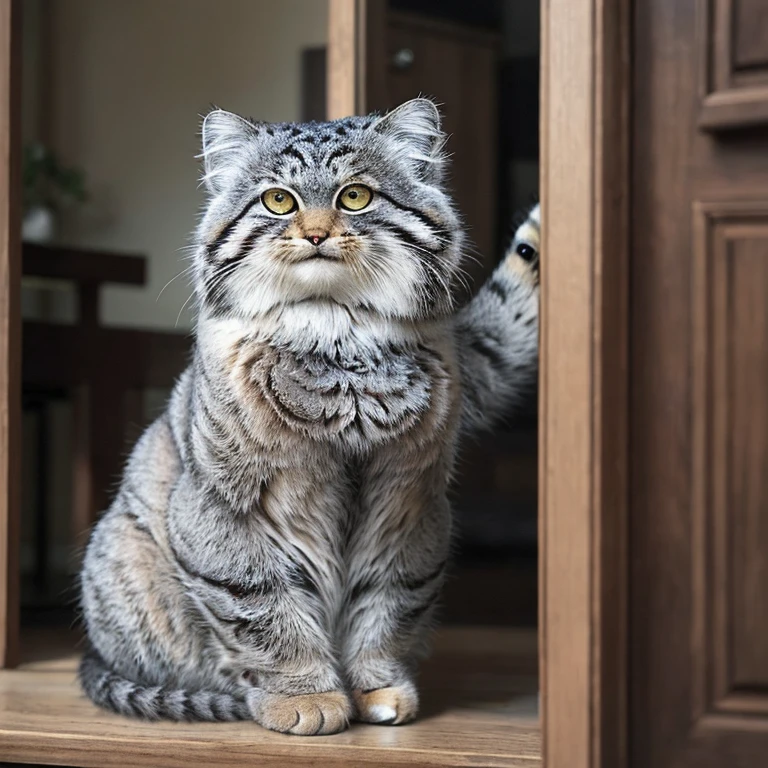 Manul 20,  Ansel Adams Style  , Peeking secretly into a slightly opened door,、 Manul cat that acts like a human when you open the dining room kitchen Manul cat that acts like a human inside when you open the door((Cait Sith))is sitting on a chair reading a magazine 、Wearing an apron、 cosplay costume that looks like maid clothes 、 an open magazine on the table 、 a vase with a single rose flower vase 、Manul cat looking back 、 funny worldview where the domestic cat Manul cat stands and behaves like a human 