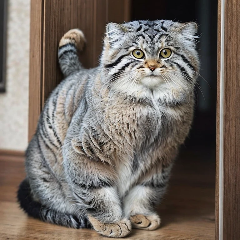 Manul 20,  Ansel Adams Style  , Peeking secretly into a slightly opened door,、 Manul cat that acts like a human when you open the dining room kitchen Manul cat that acts like a human inside when you open the door((Cait Sith))is sitting on a chair reading a magazine 、Wearing an apron、 cosplay costume that looks like maid clothes 、 an open magazine on the table 、 a vase with a single rose flower vase 、Manul cat looking back 、 funny worldview where the domestic cat Manul cat stands and behaves like a human 