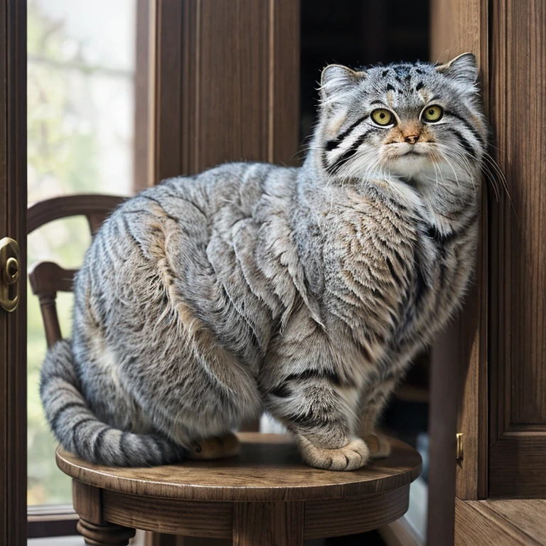 Manul 20,  Ansel Adams Style  , Peeking secretly into a slightly opened door,、 Manul cat that acts like a human when you open the dining room kitchen Manul cat that acts like a human inside when you open the door((Cait Sith))is sitting on a chair reading a magazine 、Wearing an apron、 cosplay costume that looks like maid clothes 、 an open magazine on the table 、 a vase with a single rose flower vase 、Manul cat looking back 、 funny worldview where the domestic cat Manul cat stands and behaves like a human 