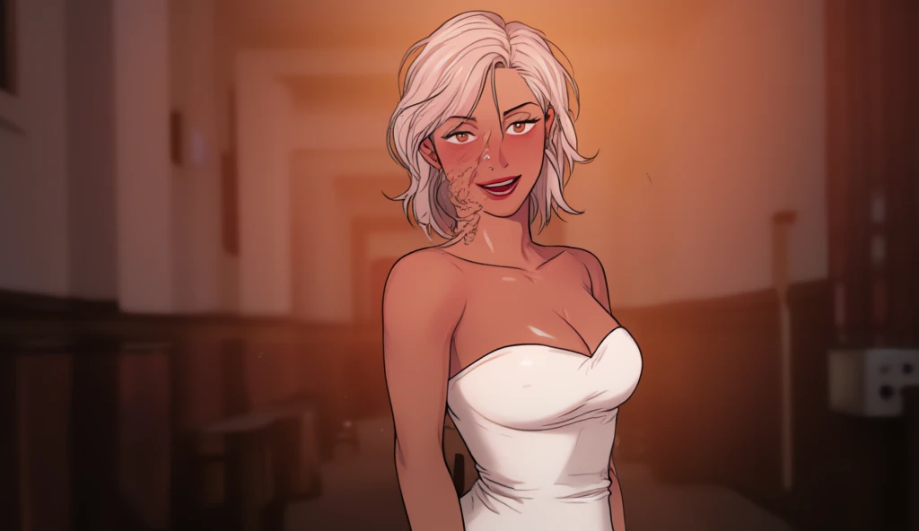 A sultry solo animated portrait of a mature dark-skin female, standing confidently with a warm, inviting smile, directly addressing the viewer. Her toned physique is showcased by the fitted white dress, emphasizing her curves. red lipstick adds a pop of color to her radiant complexion. Blonde hair frames her face, drawing attention to her piercing gaze. The camera's intense focus isolates her from the blurred background, highlighting her captivating presence.,hourglass body shape,gl