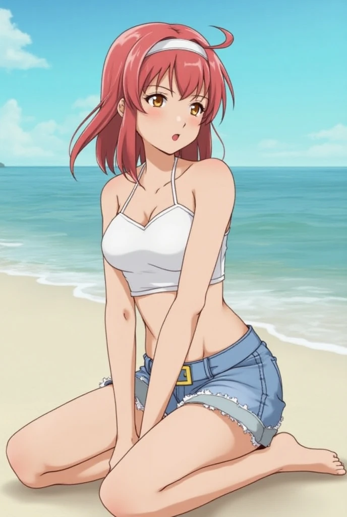 stained underwear、Dirty underwear、Naked shirt、Exposing the clitoris、Split seat、NSFW((Masturbation)),Pants on one leg、 alone, One girl, View your viewers, 2D, anime, anime coloring,(Desert Island Background:1.3), Shion Kujou, ,