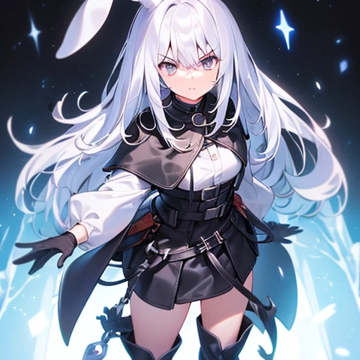 ((girl)),(( white rabbit ears )), (( long white hair)),(silver eyes),(serious look),(( long sleeve white shirt )),(( black gloves)),(( short black skirt )), (black boots),(medias negras).( high quality , 4k),