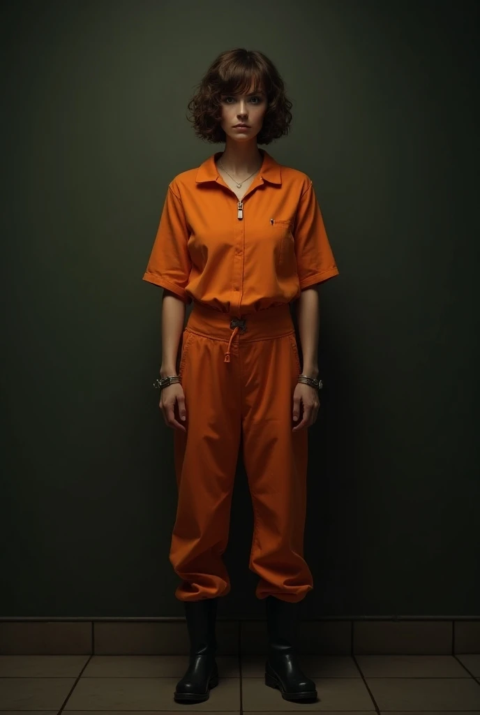 ((fashion photography)), perfect face, perfect eyes, (medium full shot) of (esthetic prison inmate) young woman, chinese, dark eyes, fair skin, light skin, light brown eyes, curvy, extra long brown low bun hair, wearing orange jumpsuit with "inmate" printed, elastic-cuffed pants, white sneakers, wearing handcuffs, set in dimly lit prison cell, with bare concrete walls, a small barred window, a narrow metal bed with a thin mattress , at sunset, surprised, open mouth, pointing her finger at the viewer, masterpiece, best quality, photorealistic, very aesthetic