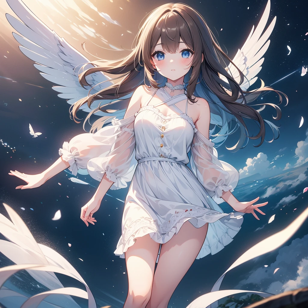 On the banks of a crystal clear river in heaven, a young girl gazes upon a fantastic scene. Her dress, with its extremely delicately crafted ruffles and lace, is both pristine and dreamlike. The dress is adorned with fluorescent light particles that twinkle like stars in the night sky. The surface of the river reflects the colorful glowing steam, further accentuating the fantastic beauty of heaven. The girl is entranced by this miraculous scene and gazes at it as if the moment will be etched in her memory forever.