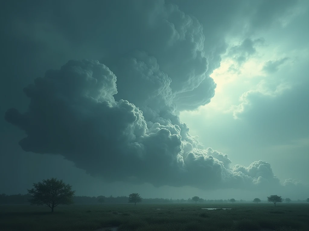 High quality, master quality, 4k, midnight rain, highly detailed, thunder storm, dark stormy clouds, rushing wind, plain grass landscape, wet lands, few giant trees, even lighting, dramatic lighting, anime style