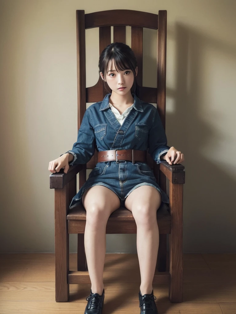 ((highest quality, masterpiece :1.3)),  photorealistic、 ultra high resolution、 natural skin texture、 Hyperrealism 、Photograph from the knees up、（ Japanese girl、Not much developed）、 is restrained in a chair、Scared