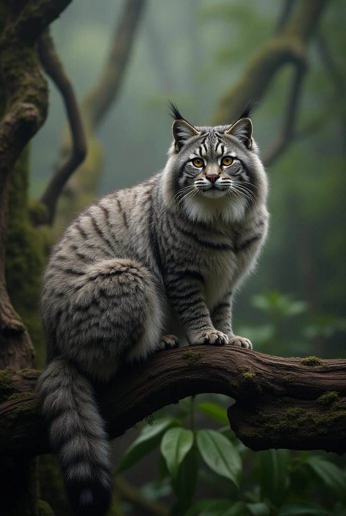 Manul 20,   Ansel Adams Style  ,   Spectacular full body view of a Manul cat sitting on an old tree branch in a primeval forest in Central Asia, Light fog, (Mossy branch   , ,   gnarled  ,   dense foliage  :1.2), ( great composition, Golden Ratio:1.4), (masterpiece,  Best Quality, 16k, 8k, ultra   high resolution on down ,  absurd,   high resolution on down , masterpiece,  Best Quality,  dslr  ,  RAW photos up close:1.2),   Clean Focus  ,   full sharp  , 16k, 8k, ultra   high resolution on down ,  absurd,   high resolution on down ,   very detailed, Advanced Details,   complicated details