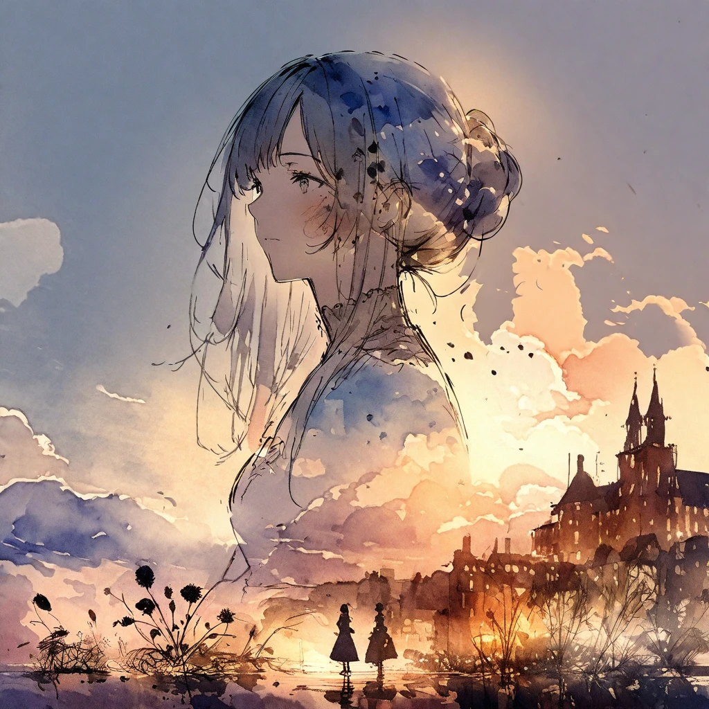 ((sketch:1.5)), ((watercolor:1)), Double Exposure of a Beautiful and Delicate Woman (The face is clear and perfect)image，Background、 Perfect Ultra Detailed Victorian Scenery , beautiful,  complicated illustration,  Artwork Concept Artwork, break,( rather than starting from zero、they always germinate from seed ),