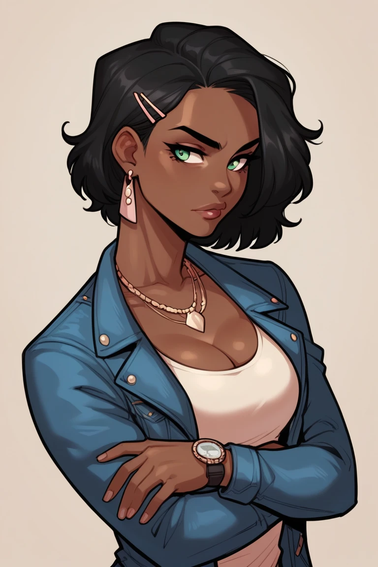 score_9, score_8_up, score_7_up, score_6_up, score_5_up, score_4_up, rating_safe, 1girl, jewelry, solo, dark skin, dark-skinned female, black hair, crossed arms, earrings, hair ornament, necklace, denim jacket, jacket, hairclip, breasts, watch, wristwatch, short hair, lips, upper body, cleavage, denim, very dark skin, piercing, looking to the side, green eyes, ear piercing, medium breasts 