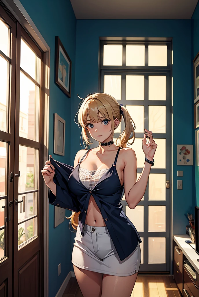 masterpiece, best quality, highres, silencesuzuka, green eyes, (horse girl, horse ears), horse tail, kogal gyaru, jewelry, hair ornament, bracelet, (tan), (makeup), polished nails, long fingernails, (flat chest), dress shirt, Denim shorts, bra peek, leopard print, dark skin, 😄, hands on waist