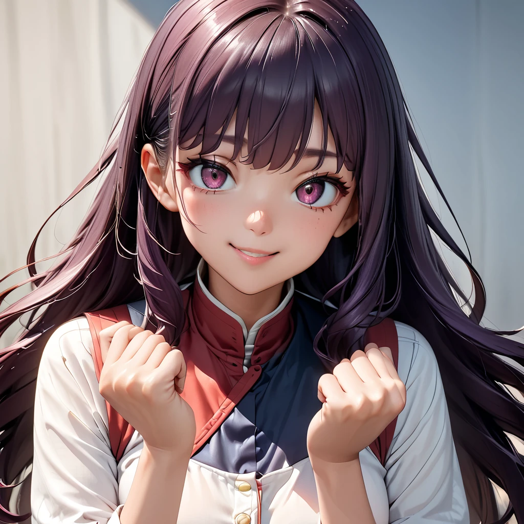 Masterpiece, 4K, HDR, full HD, (best quality), (ultra detailed), (only), intricate ANIME TYPE, best quality, 1girl, ((deep purple hair)) , hyper beautiful face, perfect anatomy, shiny skin, full body, alone, long hair, looking at viewer, perfect hands, perfect legs, super detailed clothes, intricate clothes, hyper detailed cloths, super detailed face, super detailed skin, super detailed quality, expressive eyes, brown eyes, super detailed eyes, JK, epngekatsuragimisato ,  SDXL Illustration Design Beautiful Girl 2D Beautiful Girl Digital Painting Comic Ukiyo-e Watercolor Manga Other,ROUGH, smile, blushing, dynamic pose, American shot, cowboy shot, portrait quality, super detailed hands, super detailed fingers, very beautiful fingers, very beautiful hands, The image created is 3/4 of the body, bright red lipstick, standing facing the viewer, stylized fingers, detailed female fingers, Nabiki Tendou outfit, 