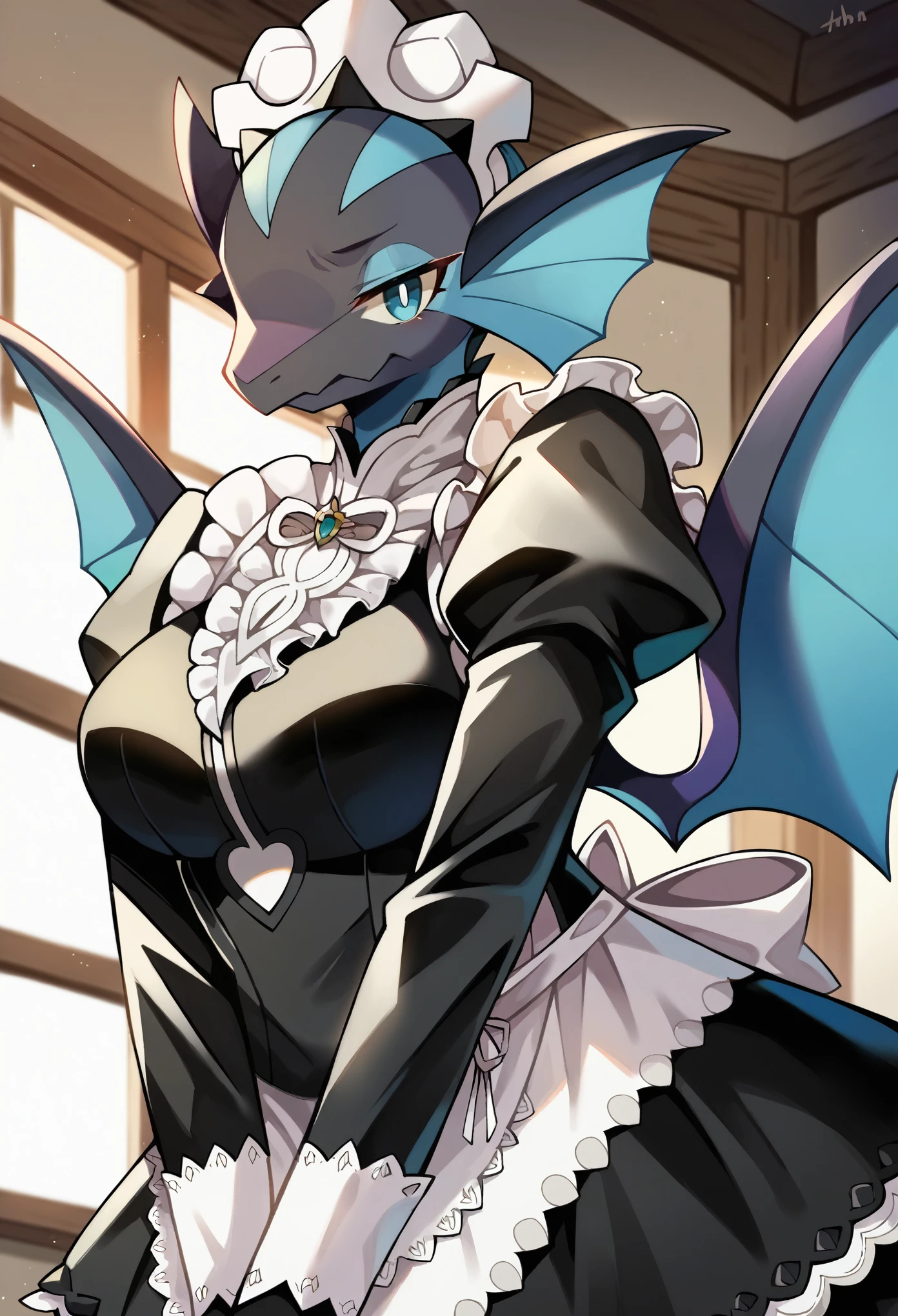 uploaded on e621, (r-mk, rmtwo, bioz, kakiikada, anawat, katahane3), female, solo, anthro, ear fin, fur, scalie, pokemon, noivern, maid, black body, maid apron, long black maid uniform, uniform, clothing, white headwear, white panties, long black maid dress, black maid topwear, black thigh highs, purple areola, thin body, thick thight, wide hips, tail, wings, big large breasts, natural breasts, hidden breasts, looking at the viewer, unimpressed, looking down the viewer, bedroom setting, on a bed, close-up, bust-portrait, upper-body, laying on a bed, on a bed, side view, crossing hands,